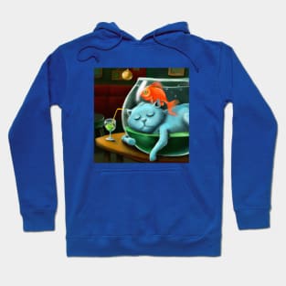 Blue Cat Sleeps Between Dimensions and Leaves Goldfish Homeless Hoodie